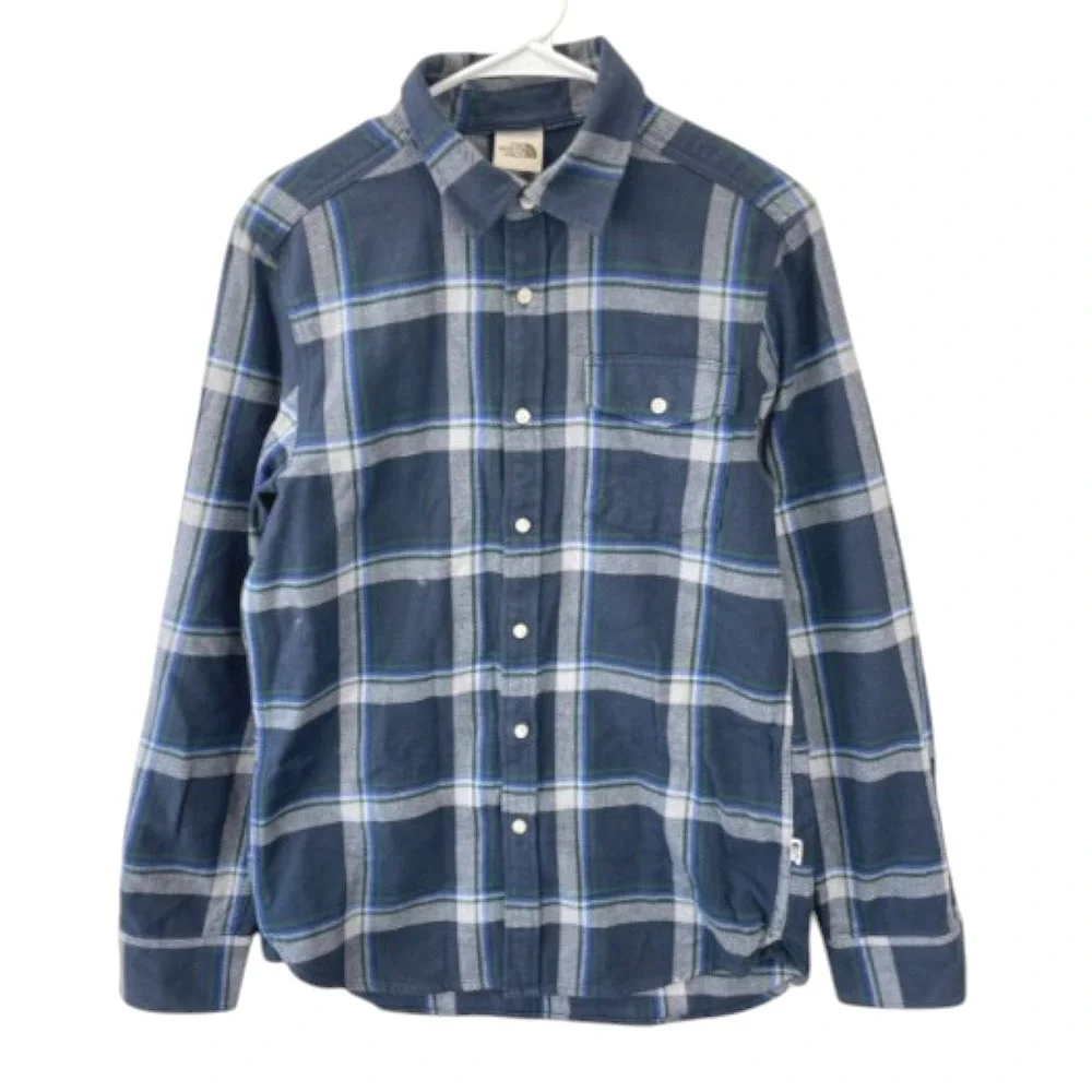 The North Face Plaid Flannel Button Down Shirt Mens S Blue Outdoor Hiking